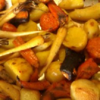 Easy roast vegetables with rainbow carrots, Hamburg parsley, Delaware potato and onions.